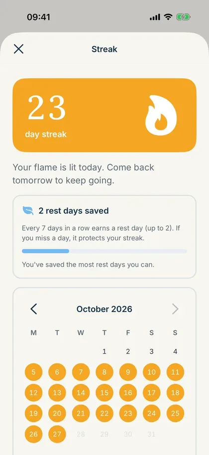 Nuah streak screen showing 23 days in a row