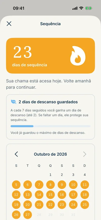 Tela de sequência do Nuah, com 23 dias seguidos